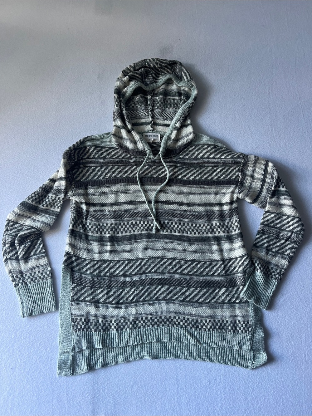 Striped Hooded Knit Pullover Sweater in Light Gray and Mint